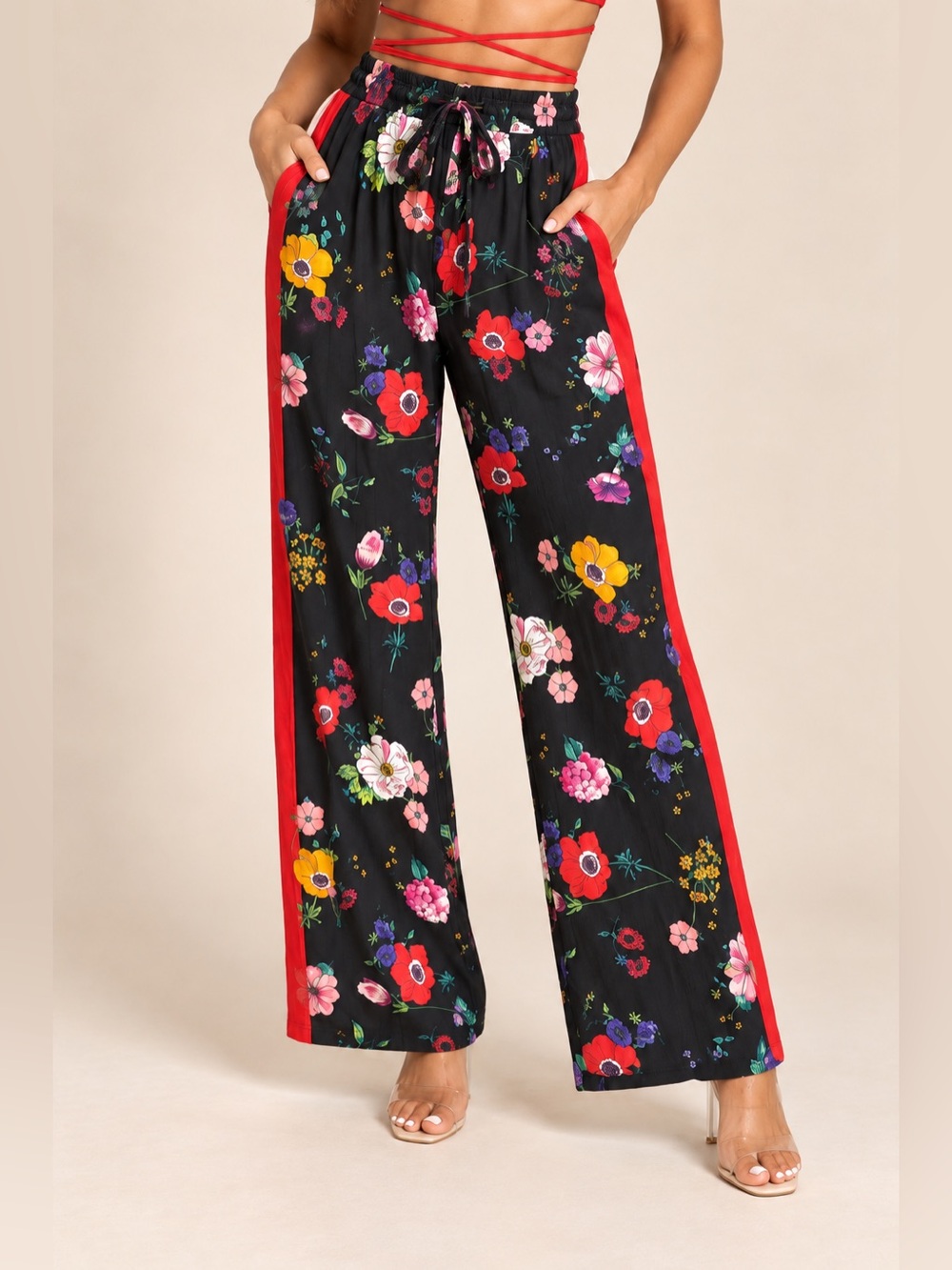 Zara Black Floral Wide-Leg Pants with Pink Accents